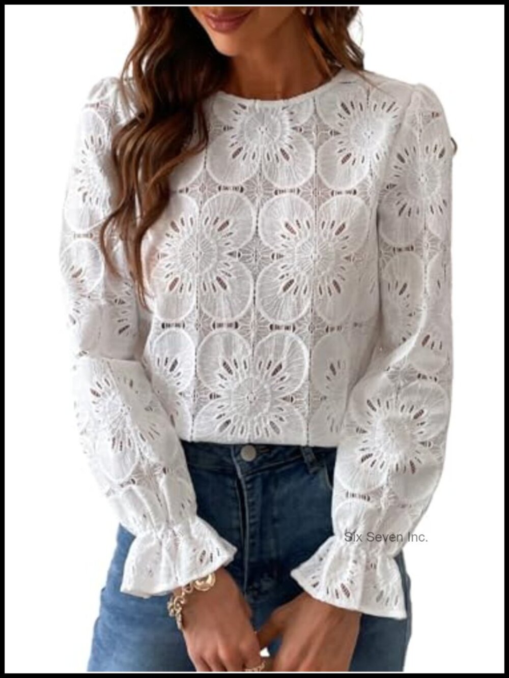 CUPSHE Eyelet Puff Sleeve Blouse Sheer Lace Top Casual